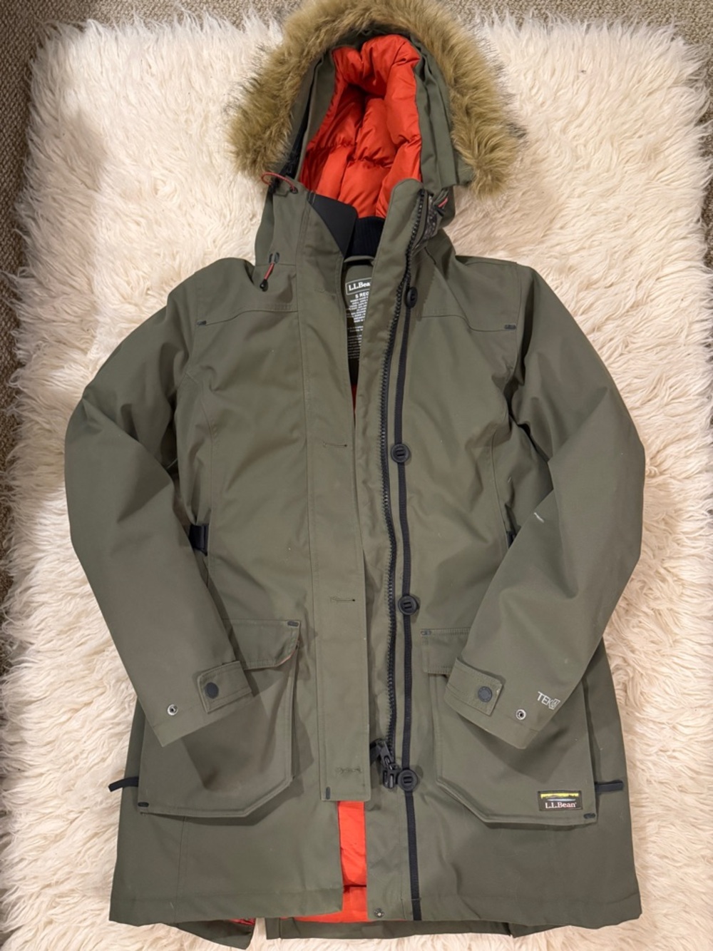 L.L.Bean Olive Green Winter Down Parka with Orange Lining